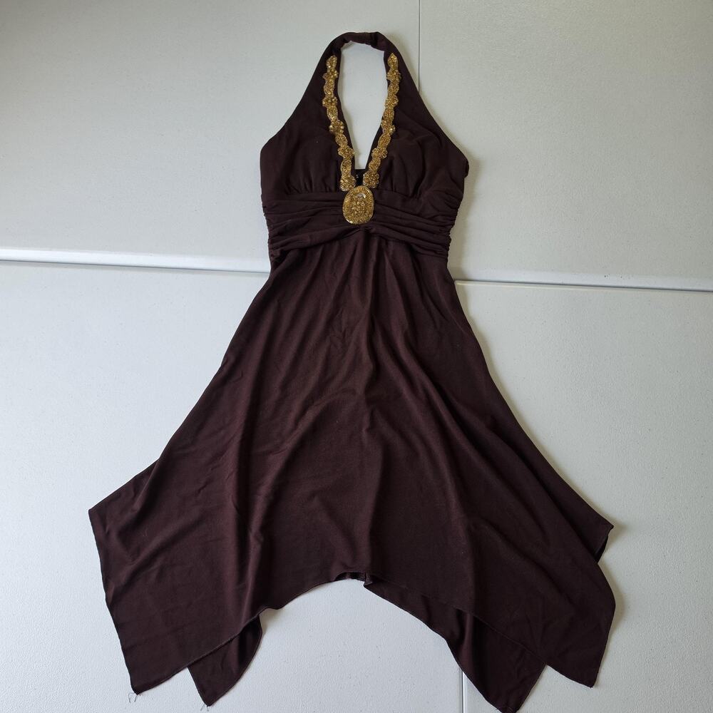 Y2K Rampage Dress Womens Small Brown Halter Beaded Cocktail Whimsigoth Fairy